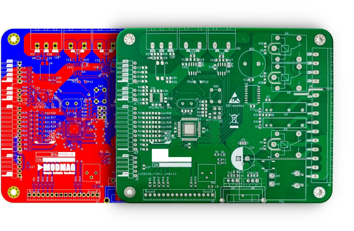 Real printed circuit board placed above its design for illustration